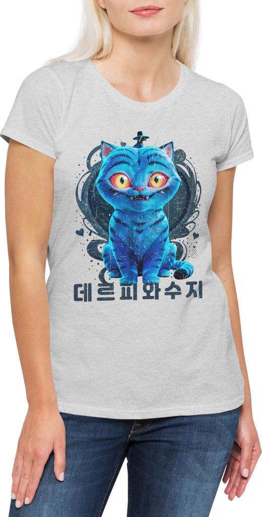 Urban Backwoods Cute Anime Hunter Cat, Damen T-Shirt, Farbe: Hellgrau, Größe: L