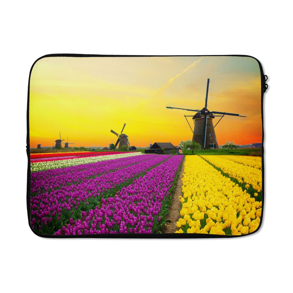 MuchoWow Laptop Hülle 17 Zoll Laptoptasche Windmühle - Tulpen - Blumen - Frühling - Zipper - Schutzabdeckung