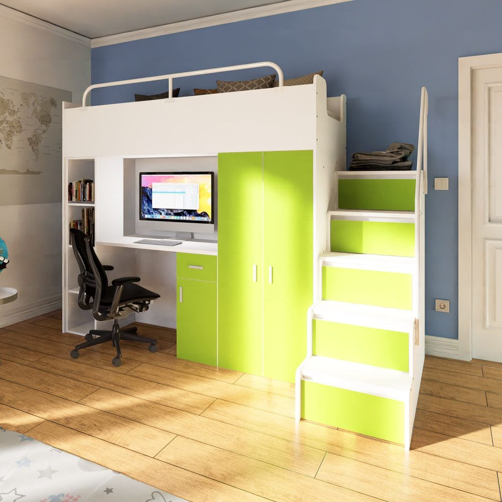 Marlux-Meble Hochbett Kinderbett JSM-4 80x190 mit Kleiderschrank Schreibtisch und Treppe Matt Kinderbetten Funktionsbett Etagenbett Stockbett Kinde...