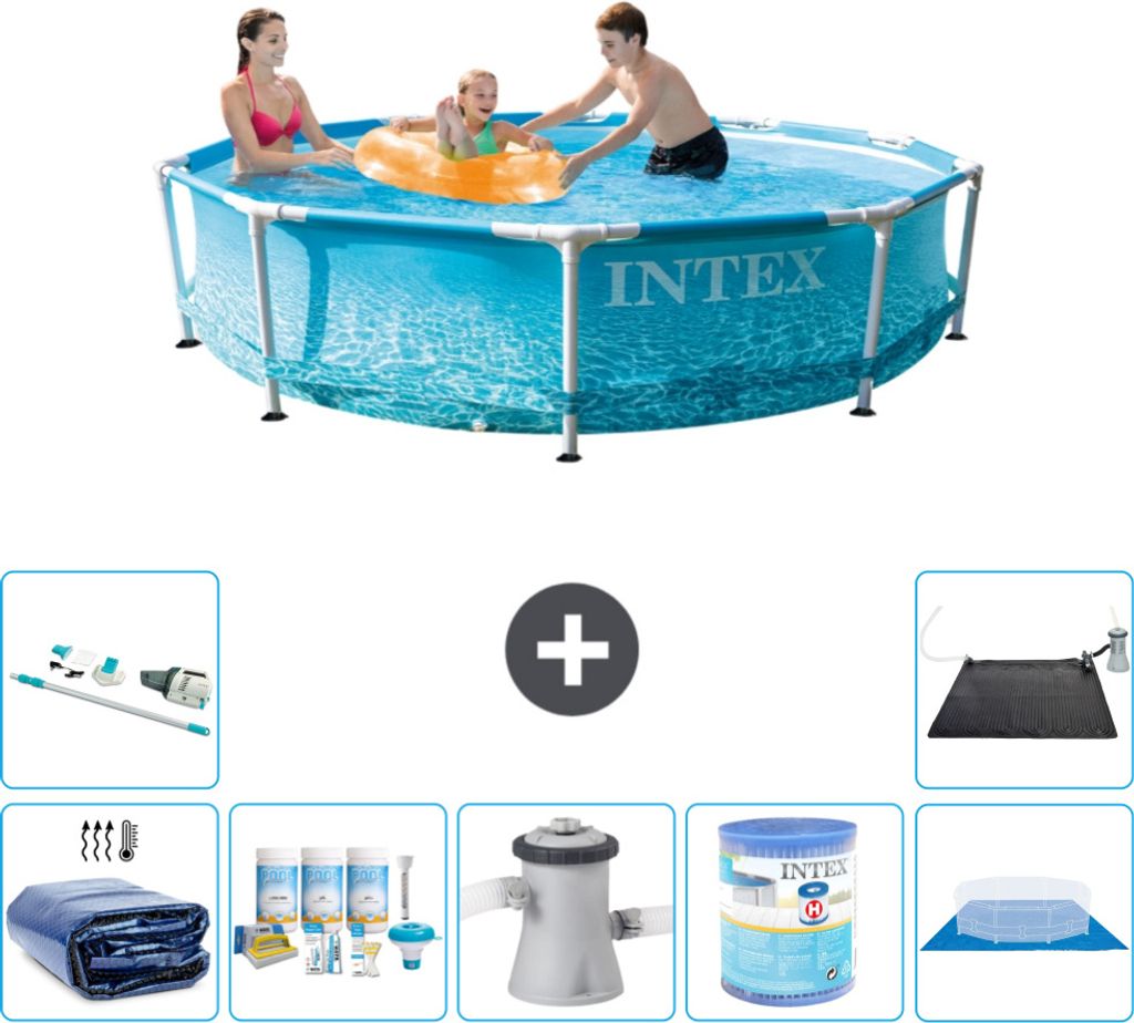 Intex-Schwimmbecken mit rundem Rahmen – 305 x 76 cm – Wasserdruck – im Lieferumfang enthalten Sonnensegel - Wartungspaket - Filterpumpe für ...