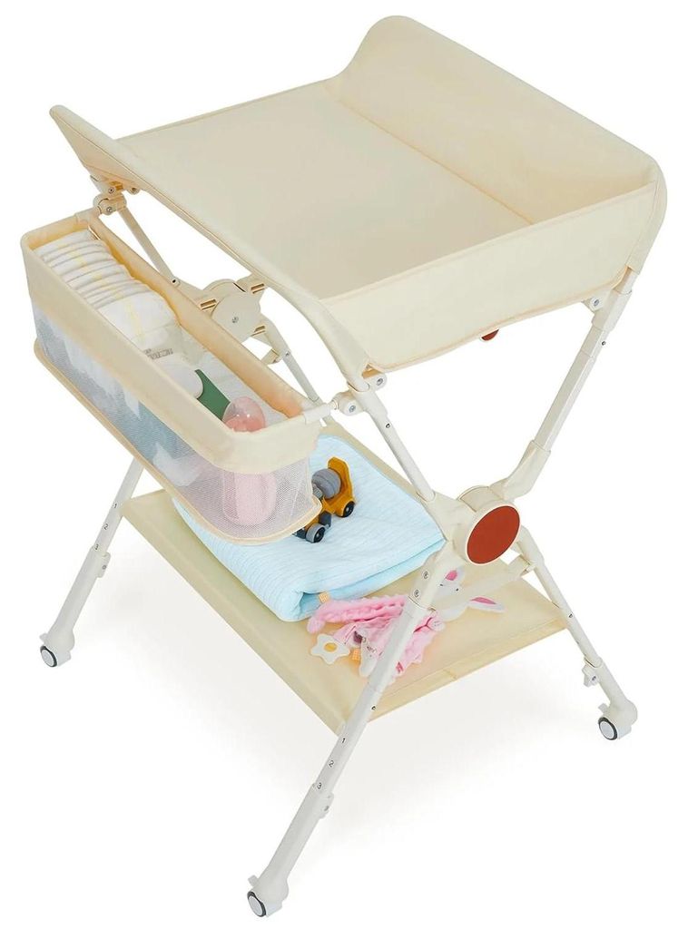 Baby Wickeltisch - Wickelstation - Klappbar - Höhenverstellbar - Mit Rollen - Aufbewahrungskorb - Metallrahmen - Beige