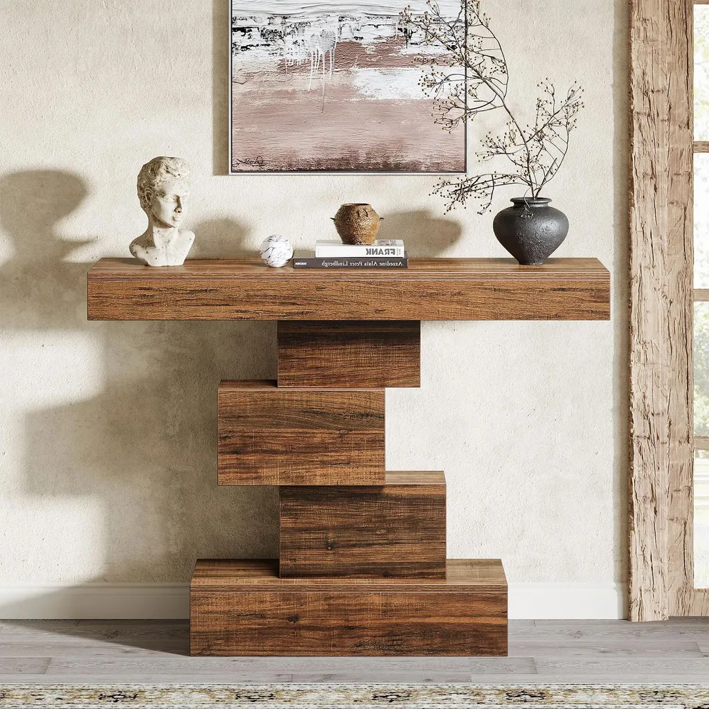 Table d'appoint console en bois 108x30x80 cm avec piètement géométrique
