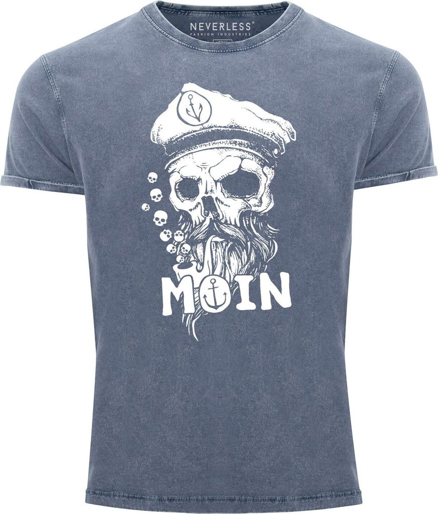 Herren Vintage Shirt Moin Kapitän Totenkopf Anker Bart Hamburg Printshirt T-Shirt Aufdruck Used Look Neverless blau S