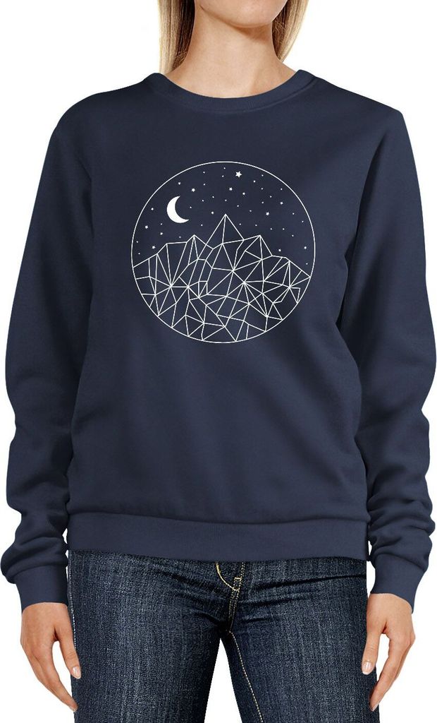 Sweatshirt Damen Print Berge und Sterne Polygon Design Rundhals-Pullover Pulli Sweater Neverless navy L