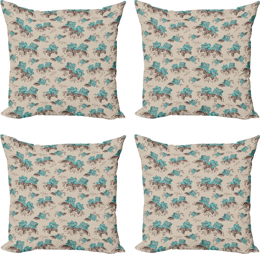 ABAKUHAUS Blumen Kissenbezug Set (4 Stück), Arrangements Vintage Blume, Moderner Doppelseitiger Digitaldruck, 60 cm x 60 cm, Umber Kadett-Blau