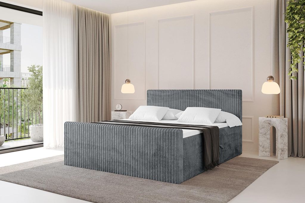 ALTDECOR Boxspringbett mit Fußteil - TOLO-Z 120x200 Cord - Dunkelgrau - Komplett-Set mit Taschenfederkern Matratze und Topper, Polsterbett mit H4-...