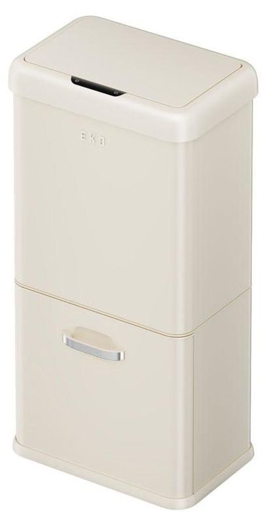A cream-colored trash can with a silver handle on a white background.