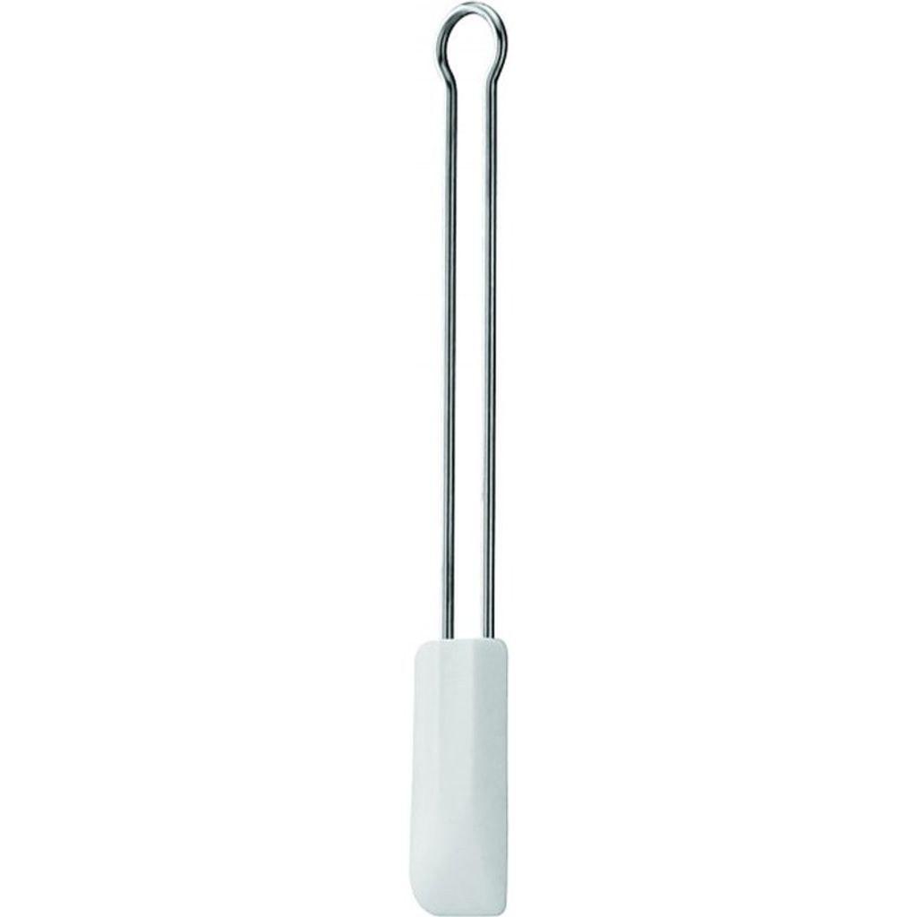 A white silicone spatula with a silver metal handle is shown against a white background.