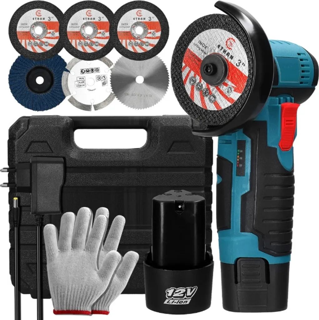 Mini Winkelschleifer, 12V Akku-Winkelschleifer mit 2 × 1500Mah Batterien, 4 Trennscheiben, 2 Metallschneidräder, 1 Schleifscheibe, 1 Ladegerät