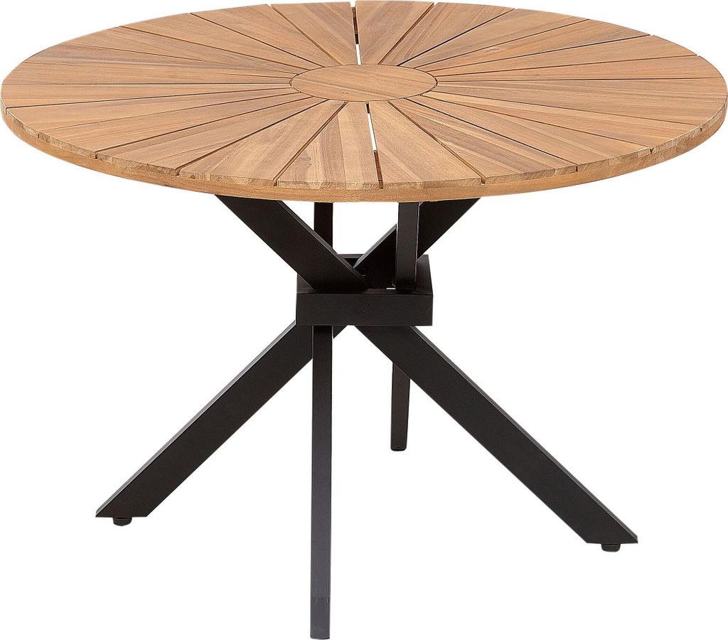 BELIANI Gartentisch Hellbraun Akazenholz Rund 110 cm mit Schirmloch Standfuß Lattenoptik Runstikales Design Outdoor Terrasse Garten