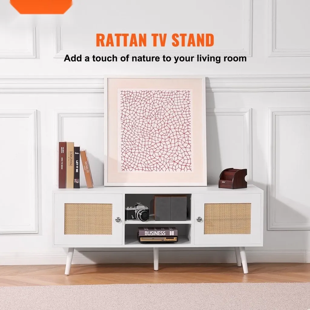 Console TV Rétro Blanche et Rotin - Buffet Bas Bohème avec Rangement 140cm