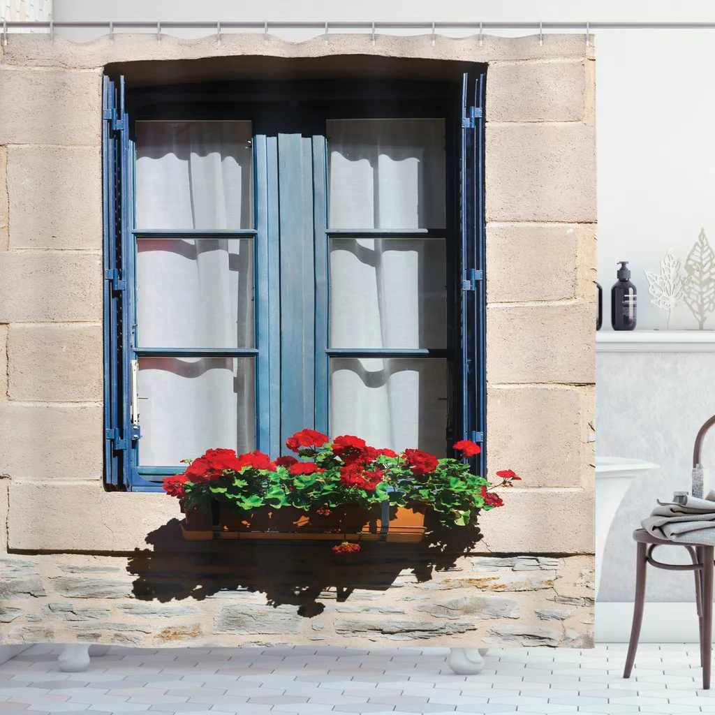ABAKUHAUS Tenda da doccia Land, simbolo della finestra mediterranea, set incl. 12 ganci in tessuto Impermeabile Resistente a batteri e muffe, 175 x 180 cm, blu grigio