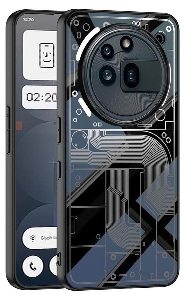 A close-up of a smartphone case with a circuit board design.