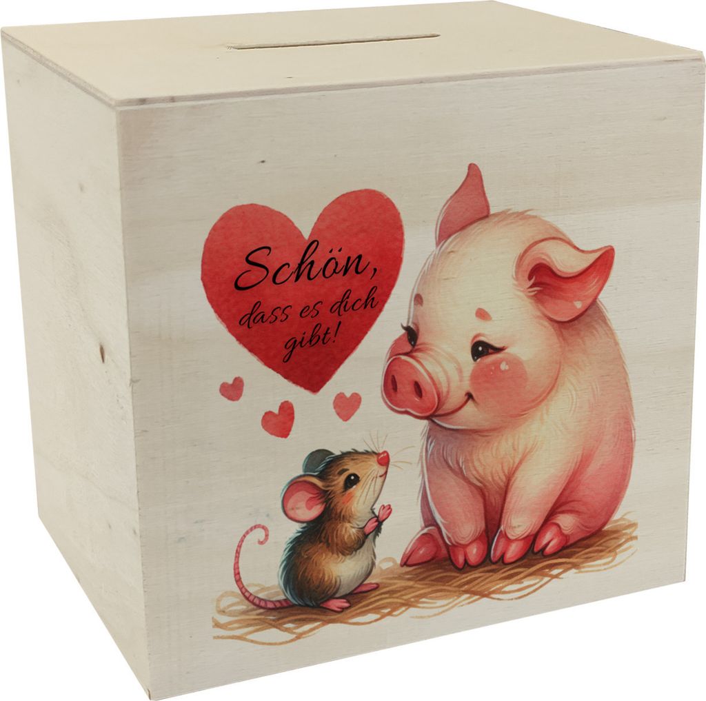 Schwein mit Maus und Herz Spardose aus Holz mit Spruch Schön dass es dich gibt