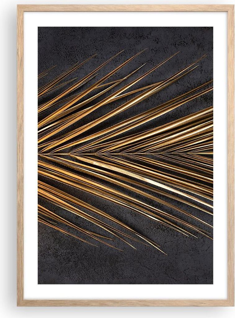 Gerahmtes Poster - Rahmen in heller Eiche - Blatt golden schwarz - 50x70 cm - Wand Bild - Wanddeko - Wandbilder - Kunstposter - Wandposter - Bilder...