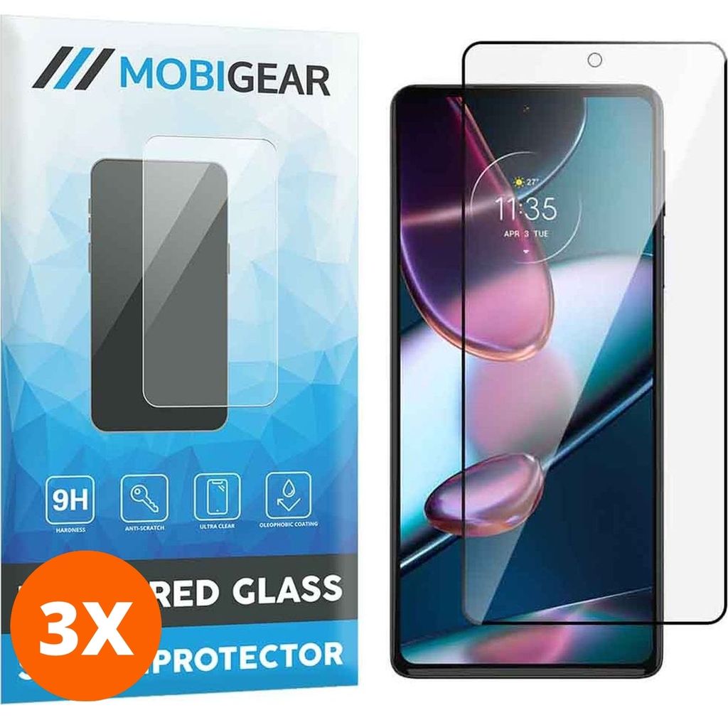 Mobigear Premium 9.98 Motorola Edge 30 Pro Panzerglas Gehärtetes Glas Displayschutz - Hüllenfreundlich - Schwarz (3er Pack)