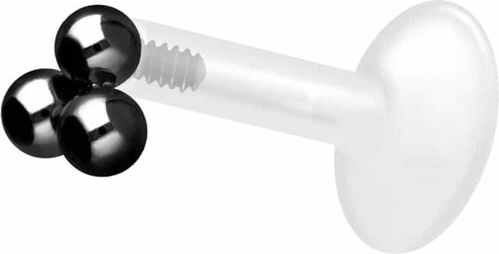 Ohrpiercing, Nasenpiercing PTFE Labret mit Innengewinde + Titan-Aufsatz 3 KUGELN Schwarz Stablänge: 6mm | Stabstärke: 1,2mm