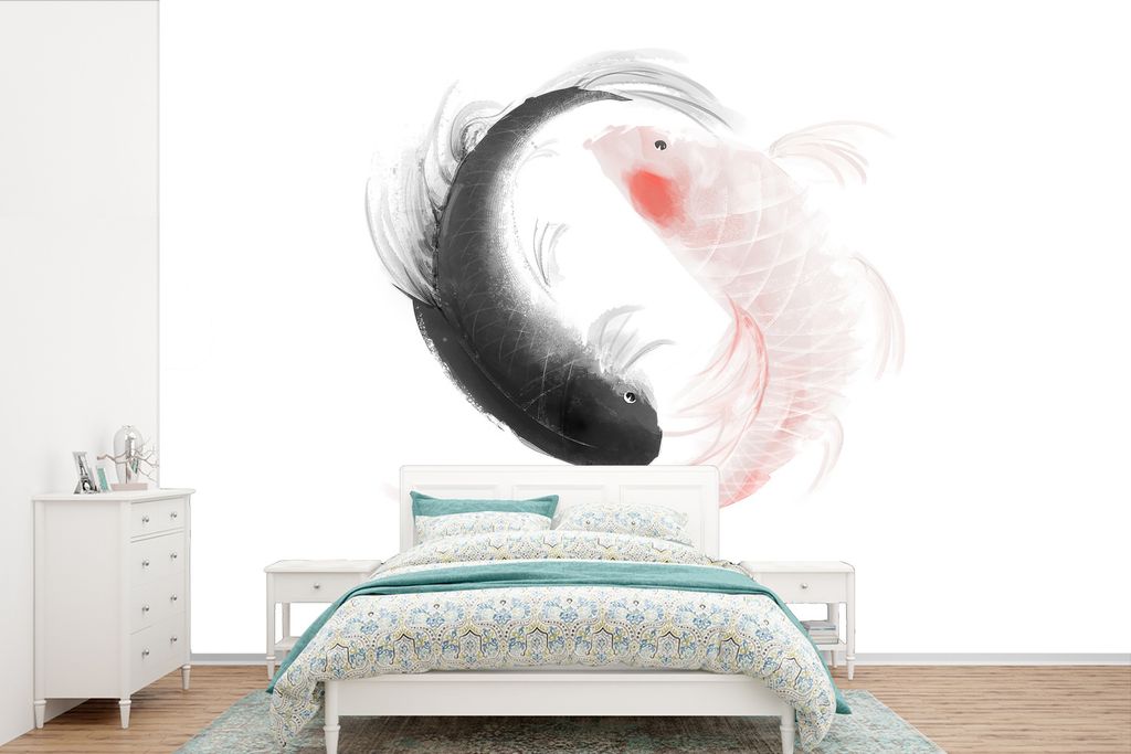 MuchoWow Fototapete für Wohnzimmer oder Schlafzimmer Wandtapete Vinyl Motivtapete Eine Illustration des Yin und Yang Logos mit Fischen - 600x400...