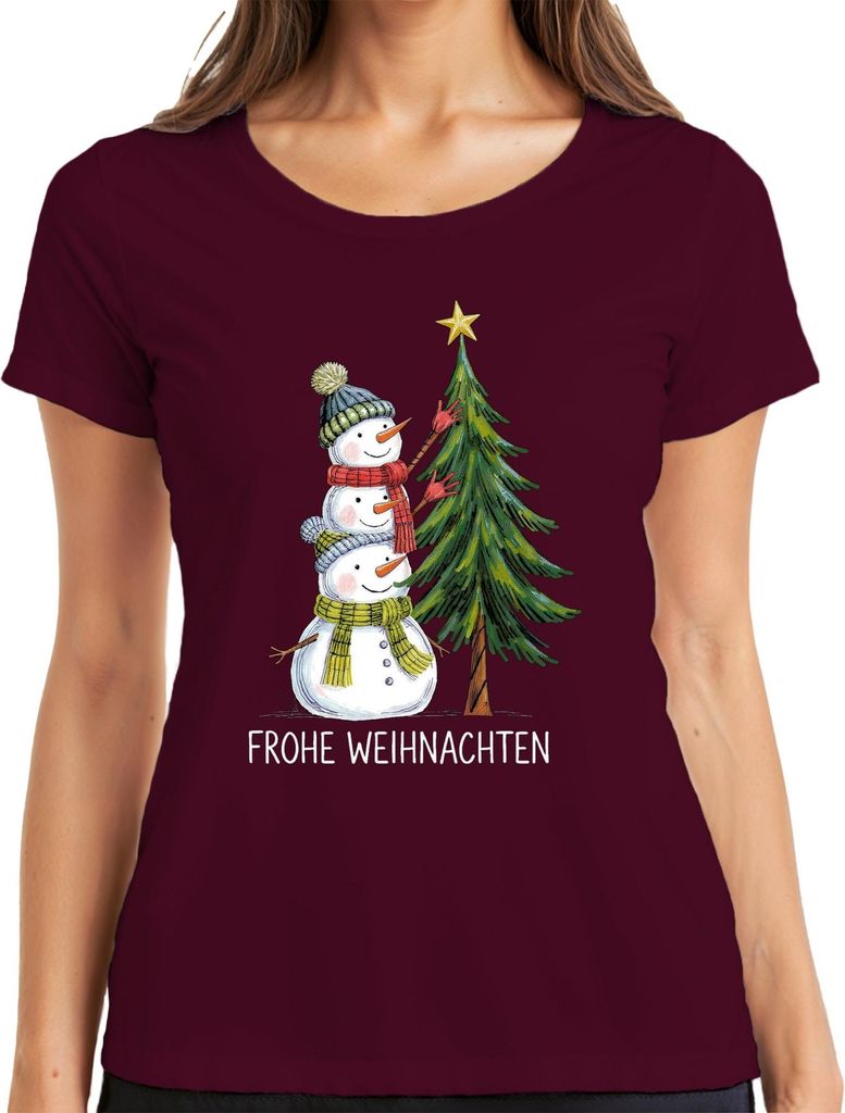 Frohe Weihnachten Schneemänner Weihnachtsbaum Niedlich Kinder Damen T-Shirt, Burgundy, XXL