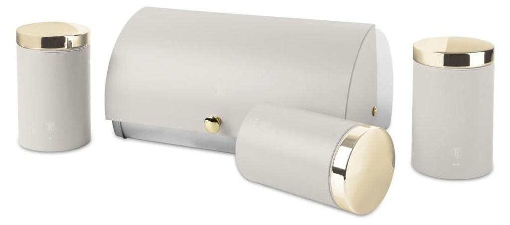 A set of kitchen storage containers with gold accents on a white background.