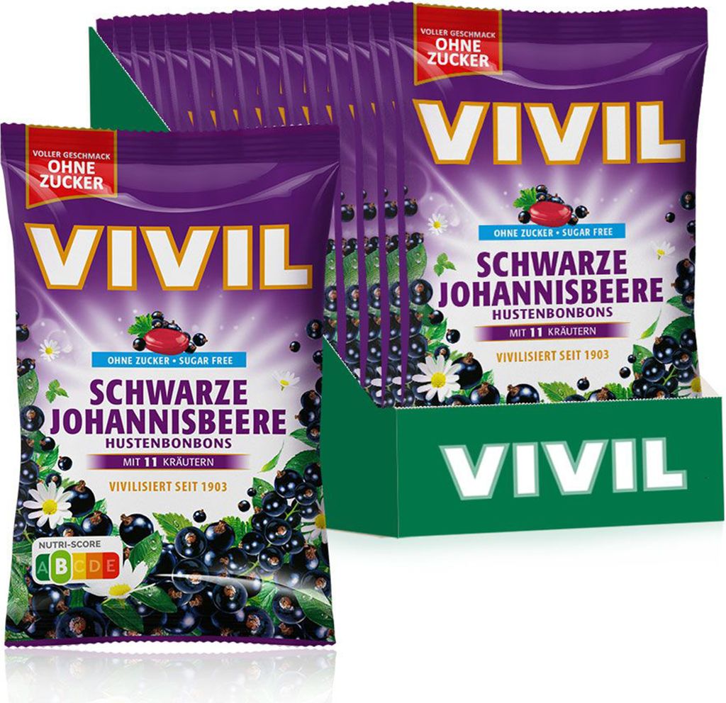 A display of VIVIL Schwarze Johannisbeere Hustenbonbons packaging.