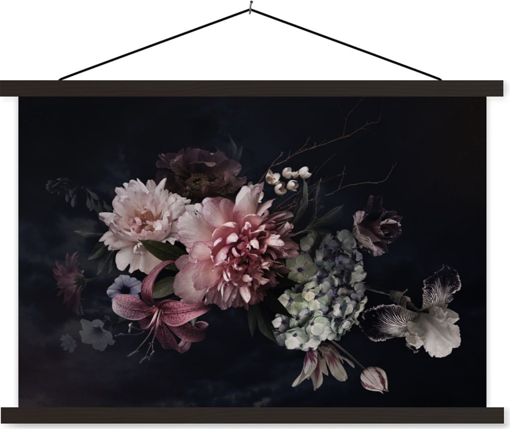 MuchoWow Textilposter Blumen - Vintage - Pastell - Schwarz - Blumenstrauß 60x40 cm mit schwarzem Rahmen - Hölzernes