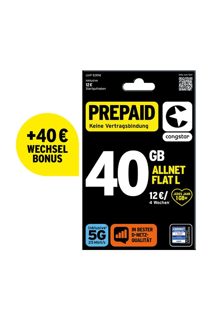 congstar Prepaid Allnet L inkl. 40€ Wechselbonus: 40 GB Produktbild 