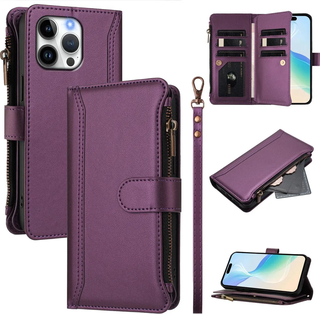 Custodia per iPhone 16 Pro Max, con cerniera, portafoglio in Finto cuoio con tasche per carte, supporto e passante Viola