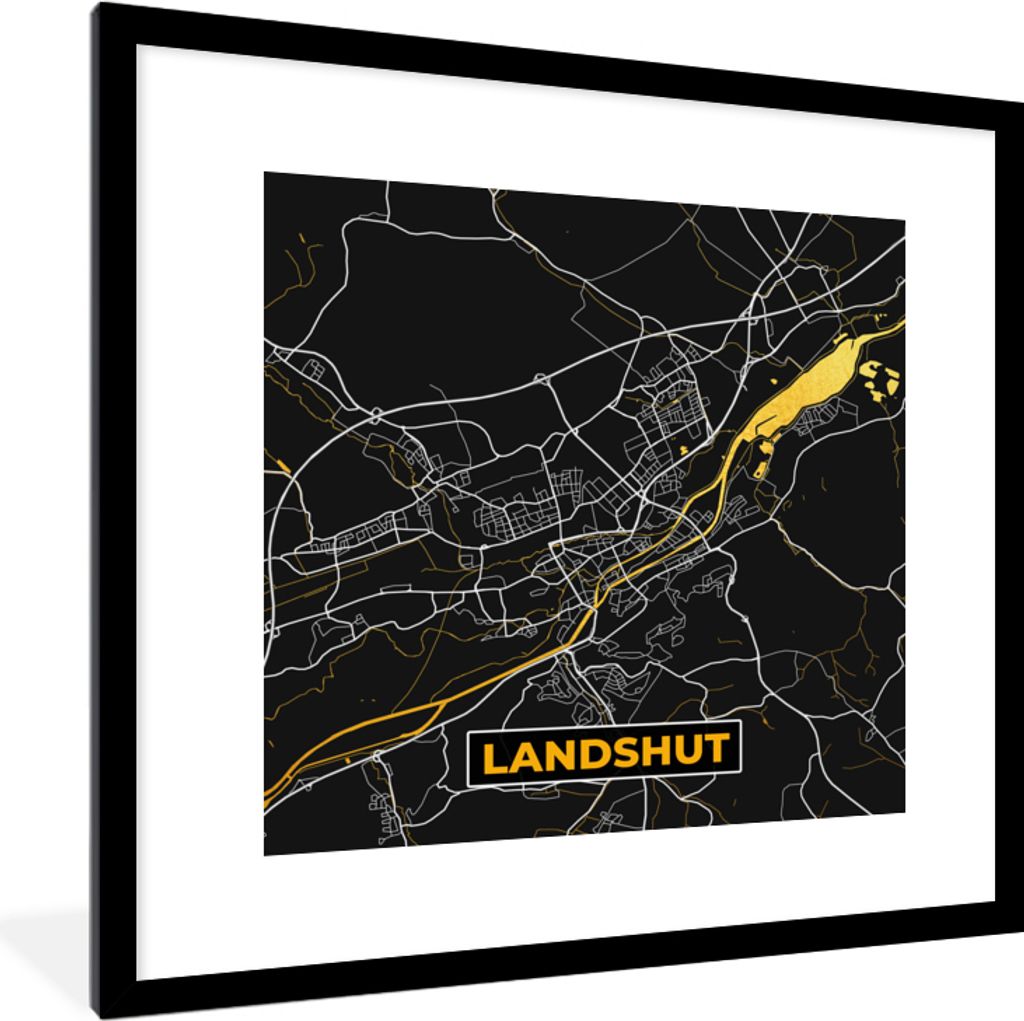 MuchoWow Gerahmtes Poster Gold - Deutschland - Karte - Stadtplan - Landshut 40x40 cm - Poster mit Schwarzem Bilderrahmen Wandposter Rahmen Foto B...