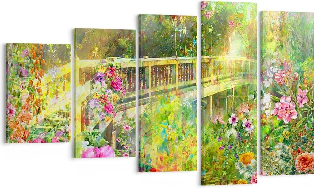 Bild auf Leinwand - Leinwandbild - Brücke Park Blume Frühling - 100x60cm - Wand Bild - Wanddeko - Leinwanddruck - Bilder - Kunstdruck - Wanddekor...