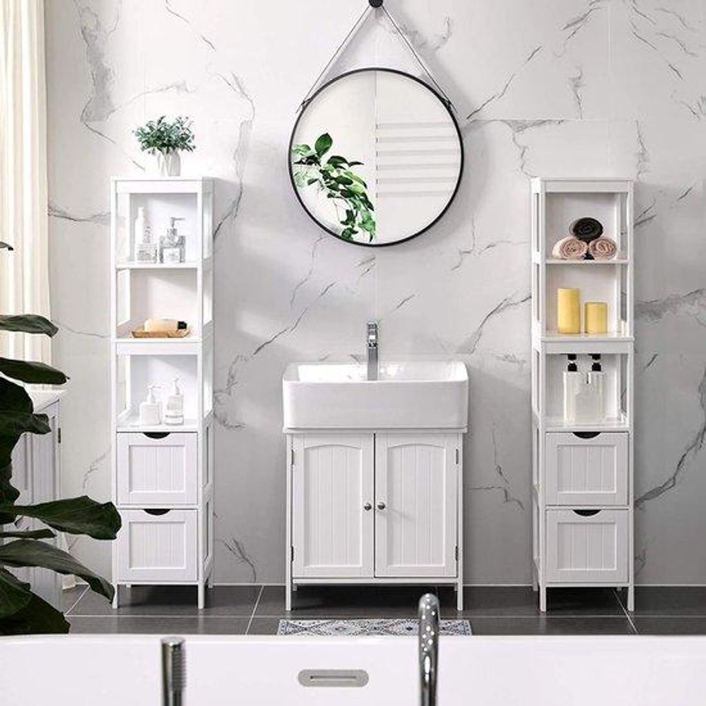 Hochschrank für Badezimmer - 2-fach - 3-Türchen - Holz - Weiß