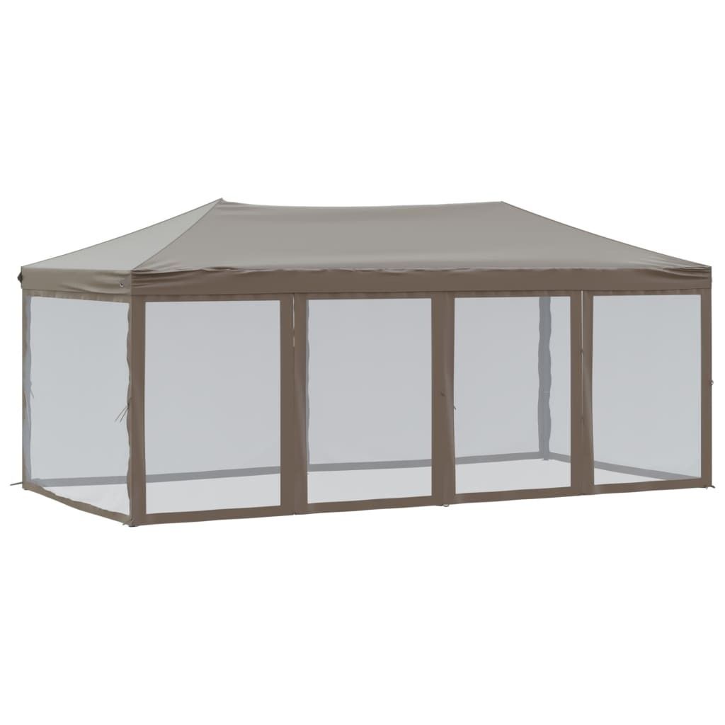 A taupe party tent with clear side walls, shown from the front.