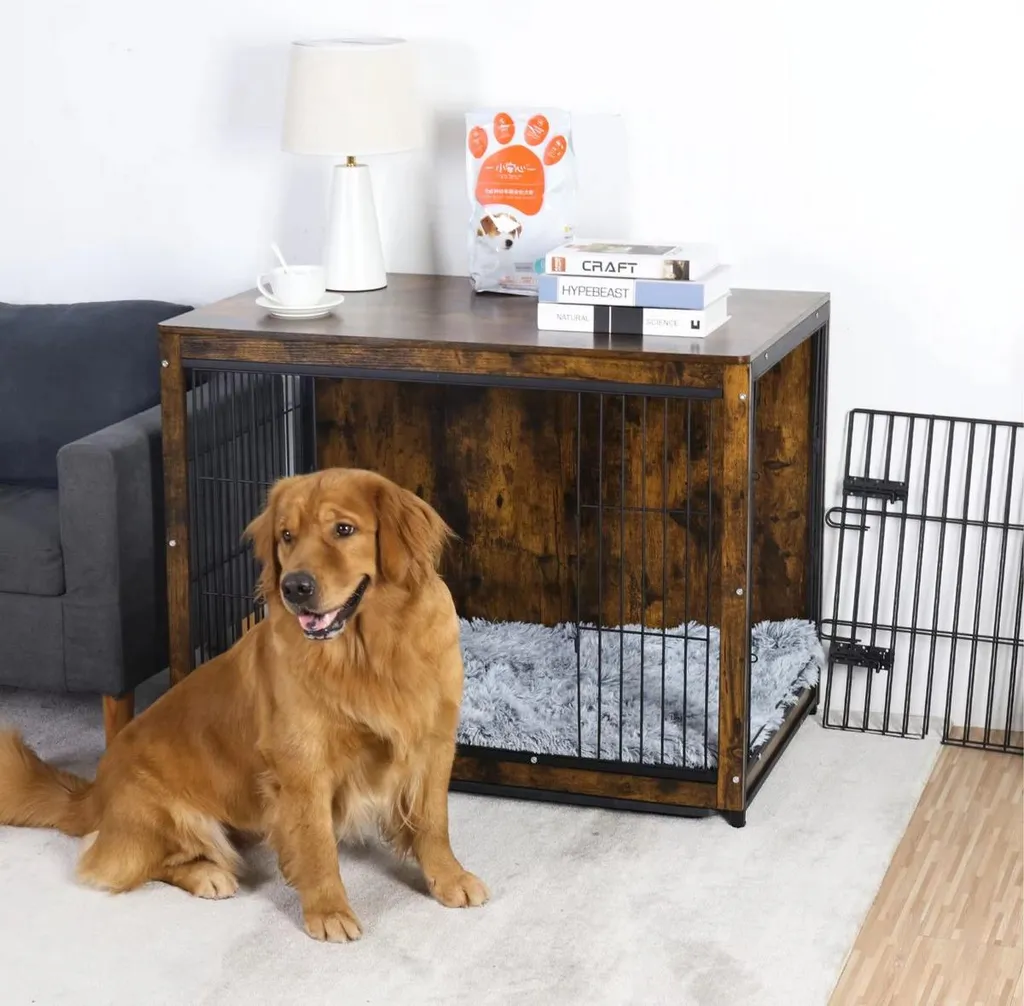 Table d'Appoint Cage Chien Vintage 97 cm - Métal Robuste et Bois Loft