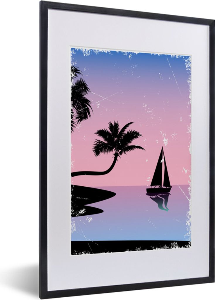 MuchoWow MuchoWow Gerahmtes Poster Boot - Palme - Nacht - Sommer 40x60 cm - Poster mit zchwarzem Bilderrahmen - Poster in Rahmen