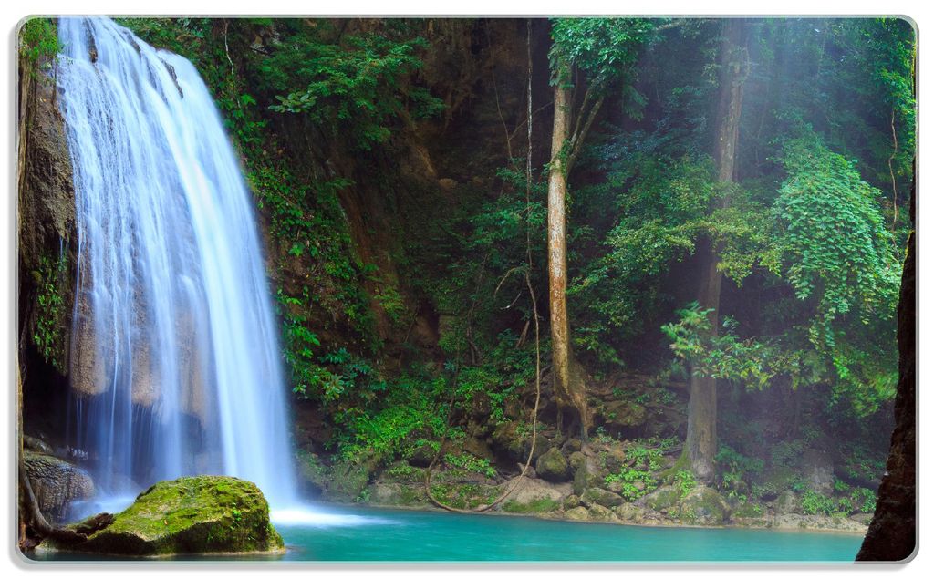Wallario Frühstücksbrettchen aus Glas, je 14 x 23 cm, mit rutschfesten Füßen, Motiv Wasserfall im Wald am See Idylle in Thailand