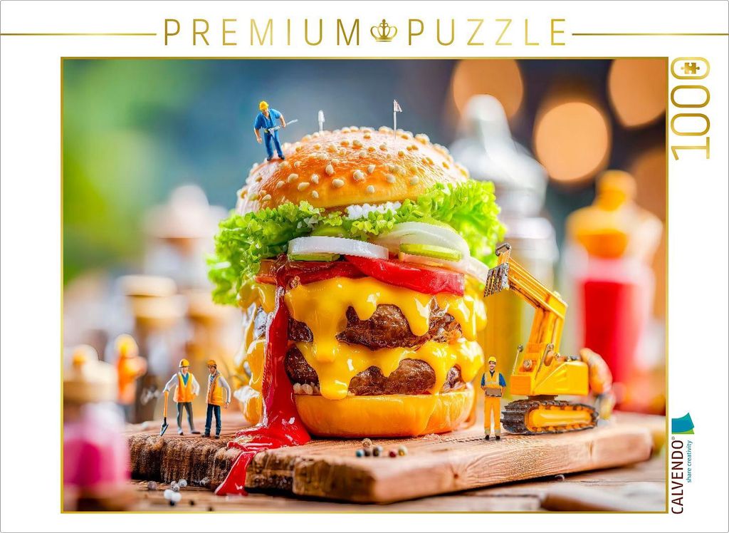 CALVENDO Puzzle Miniatur Bauarbeiter mit Bagger servieren saftigen Burger am Grill | 1000 Teile Lege-Größe 64x48cm Foto-Puzzle für glückliche S...