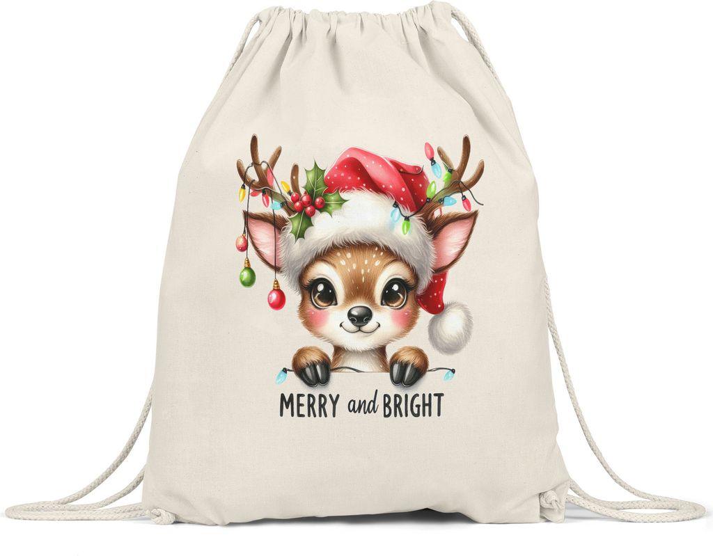 Merry and Bright Lustiges Rentiermotiv Turnbeutel Geschenkidee witziges Design Weihnachten