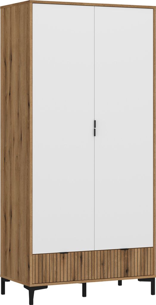 Kleiderschrank Eiche mit weiß und Lamellenoptik RISBY-129