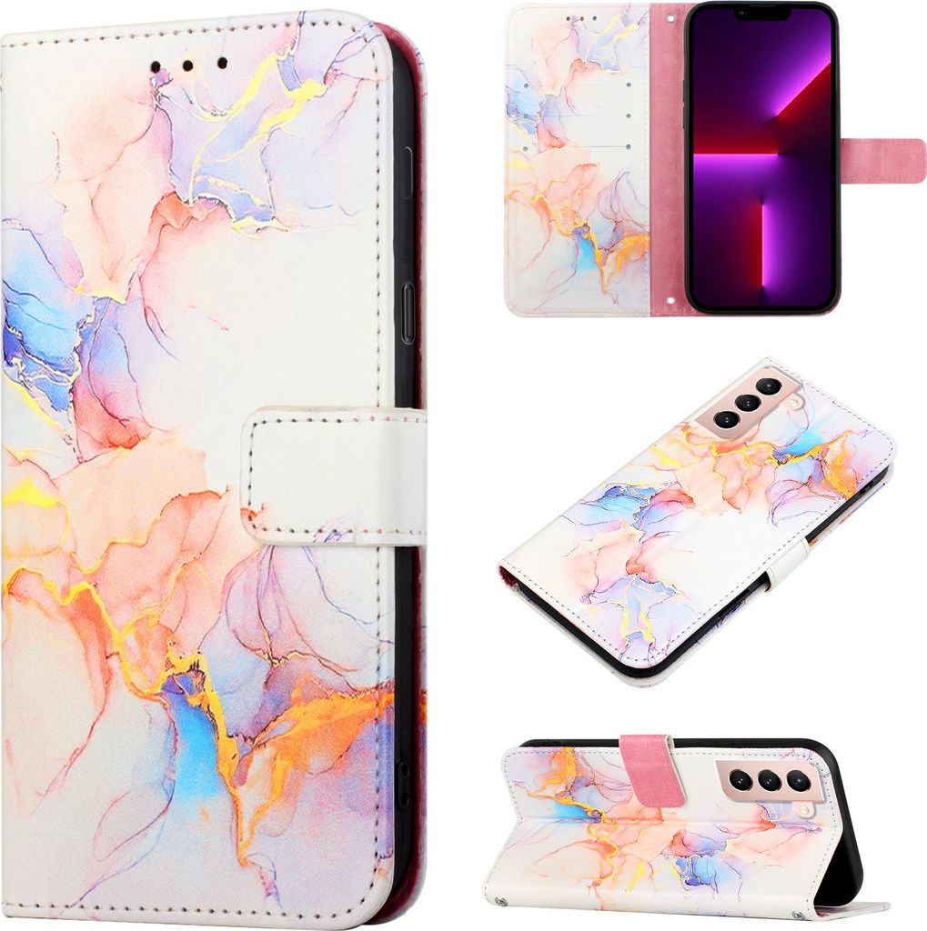 Galaxy S21 5G Hülle, Marmor Motiv Kunstleder Tasche Wallet Kartenfächer mit Standfunktion Klapp Schutzhülle für Samsung Galaxy S21 5G Bunt