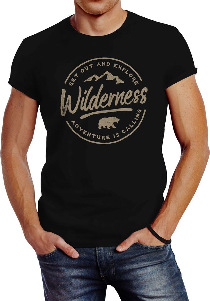 Neverless Herren T-Shirt Adventure Logo Berge Mountain Bär Wilderness Schriftzug Fashion Streetstyle schwarz XL
