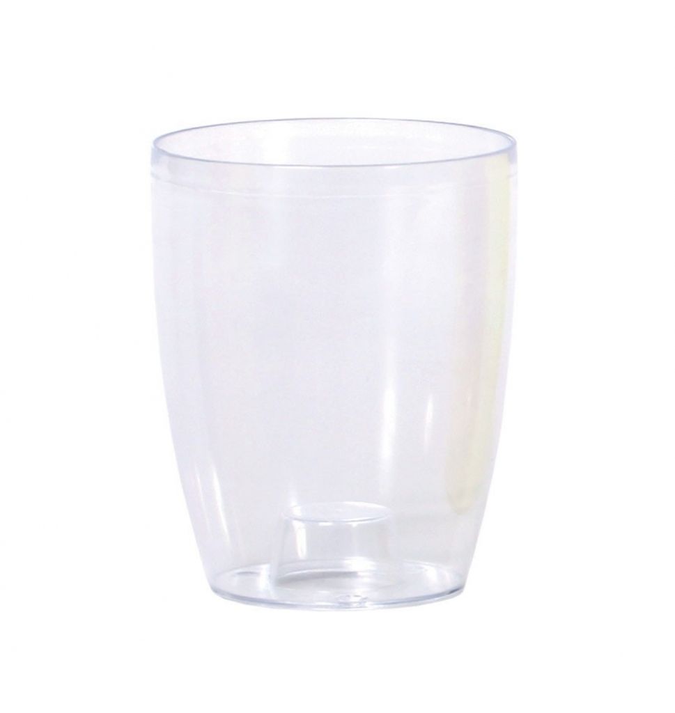 A clear plastic plant pot on a white background.