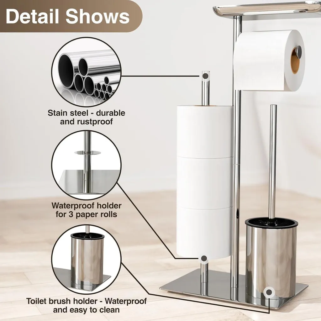 Support papier toilette avec tablette et brosse WC finition argent - 5