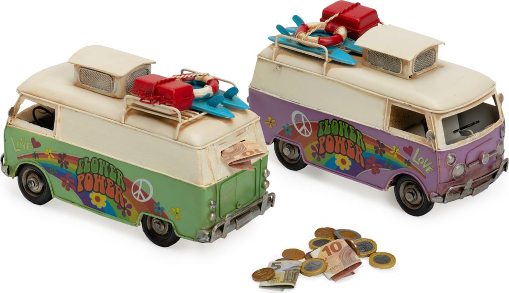 Retro Deko Camping Bus aus Blech mit Spardose und Blumenmuster Grün Format: 25,5x21,5x15cm