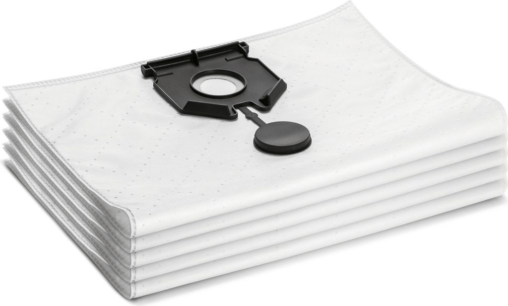 A stack of white vacuum cleaner bags with a black plastic attachment.