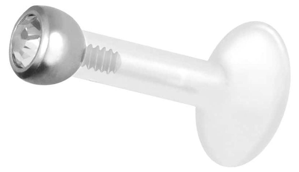 Ohrpiercing, Nasenpiercing PTFE Labret mit Innengewinde + Titan-Aufsatz KRISTALL Silber Stablänge: 10mm + Stabstärke: 1,6mm + Kugelgröße: 2,5mm