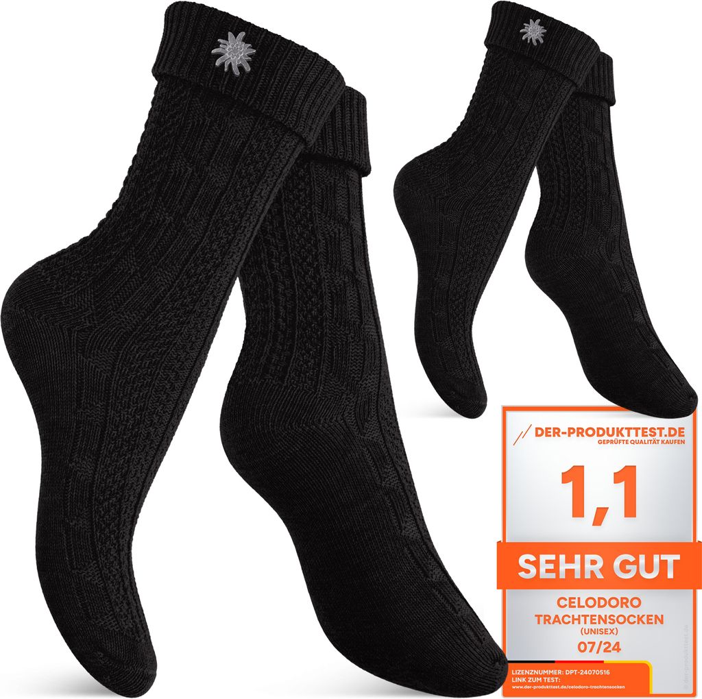 Celodoro Damen und Herren Trachten Socken (2 Paar) mit Edelweiß-Pin Strümpfe - Schwarz 35-38