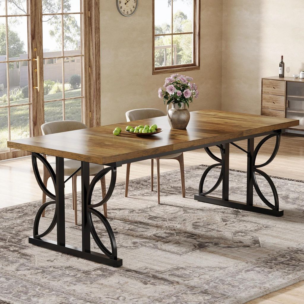 Esstisch - Rechteckiger Küchentisch - 180×80×75 cm - Für 8 Personen - Tischplatte aus Holz, Metallgestell - Braun/Schwarz