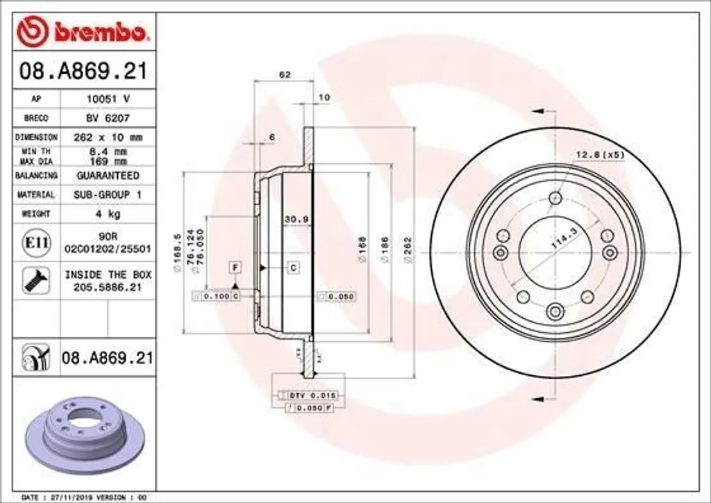 Disque de frein arrière solide pour Sonata VI et VII, Brembo 08.A869.21