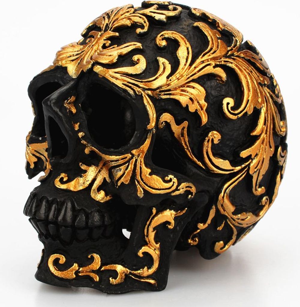 Halloween-Kleinformat-Schädel aus Kunstharz, menschliche Schädel-Skulpturen, Schädel-Sammlerfigur, schwarz