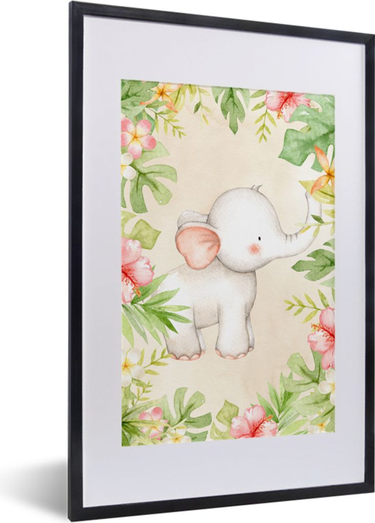 MuchoWow MuchoWow Gerahmtes Poster Elefant - Dschungel - Aquarell 40x60 cm - Poster mit zchwarzem Bilderrahmen - Poster in Rahmen